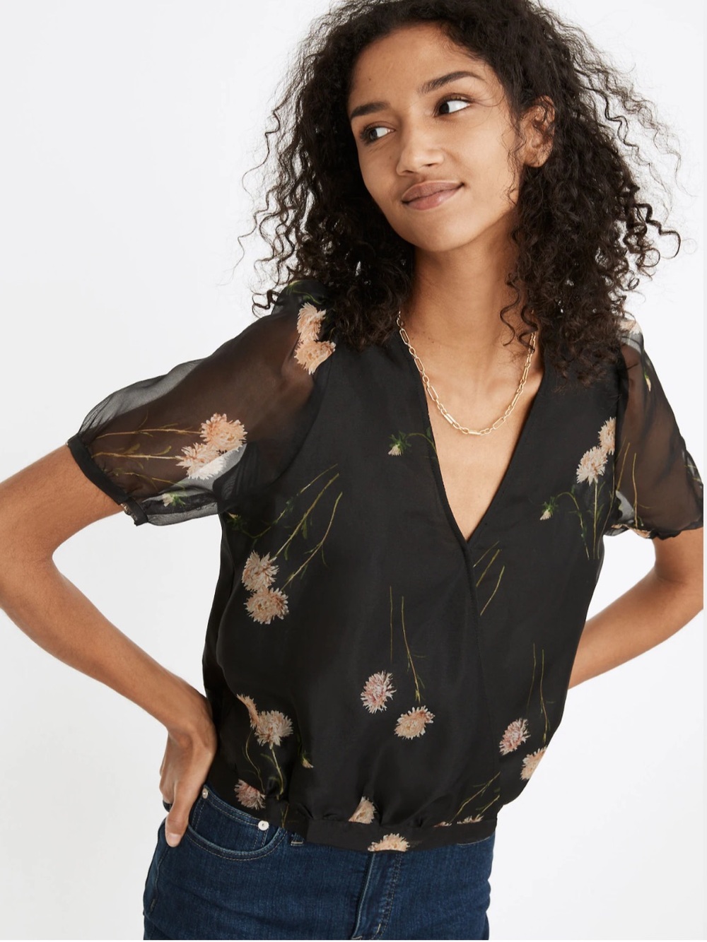 Madewell 100% Silk Organza Puff-Sleeve Floral Wrap Top Sheer Size M